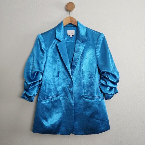 Cinq à Sept Kylie Hammered Satin Blazer Blue Ruched 3/4 Sleeve Jacket Size 2